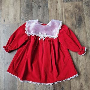 Vintage baby girl red velvet dress with lace trim, size 12 months, by Chuckles.
